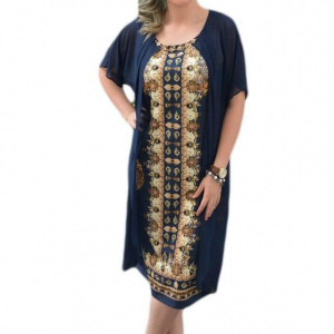 Rochie rafinata de zi, bleumarin cu imprimeu oriental in fata - Img 1