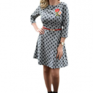 Rochie rafinata de zi cu flori brodate si design de buline negru-gri - Img 1