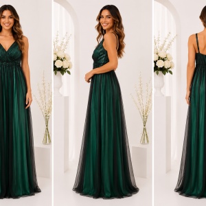 Rochie rafinata lunga, pentru evenimente, pe verde cu tul negru - Img 3
