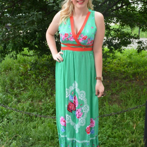 Rochie rafinata model lung, de culoare verde cu design floral - Img 2