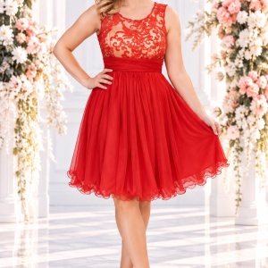 Rochie rafinata, nuanta de rosu, dantela fashion, voal fin