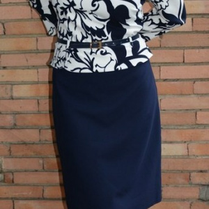 Rochie rafinata tip costum cu peplum, bleumarin combinat cu alb - Img 2
