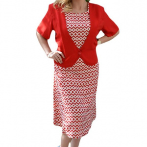 Rochie rosie cu imprimeu geometric alb, tip costum cu sacou - Img 1