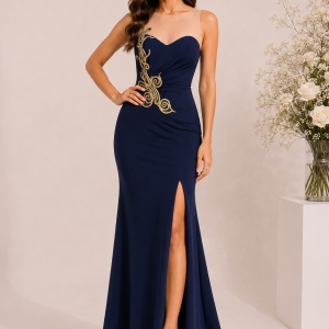 Rochie spectaculoasa lunga, bleumarin, plasa crem si trena discreta