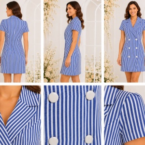 Rochie tip sacou cu dungi alb-albastre și nasturi decorativi - Img 2