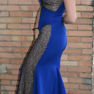 Rochie trendy nuanta albastra cu paiete negre, model lung, tineresc - Img 3