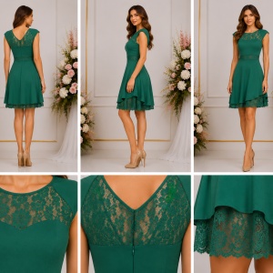 Rochie verde elegantă cu dantelă și fustă cloș - Img 2
