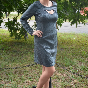 Rochie verde inchis cu aspect de catifea cu model negru lucios - Img 3