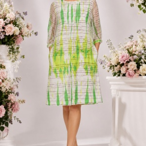 Rochie Verde-Lime cu Imprimeu Abstract și Mâneci din Voal