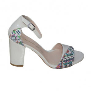 Sanda din piele naturala lacuita, bej, cu model trendy multicolor - Img 1