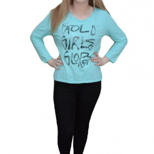 Tricou cu design grafic aplicat, turcoaz, decolteu rotund - Img 1