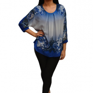 Bluza albastra cu imprimeu de flori si strasuri, model pentru ocazii - Img 1