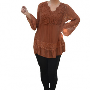 Bluza Amalia cu insertii de broderie si decolteu in V ,nuanta de maro - Img 7