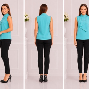 Bluza chic cu guler pe gat si fara maneca, de culoare turcoaz - Img 3