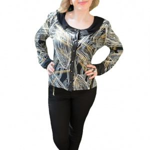 Bluza cu decolteu rotund, nuanta negru-alb, imprimeu abstract - Img 1