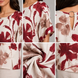 Bluză damă cu imprimeu floral bordo-maro-crem – Croială lejeră, mânecă scurtă, elegantă - Img 3