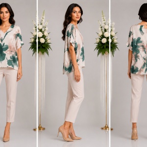 Bluză damă cu imprimeu floral verde-crem-pudra – Croială lejeră, mânecă scurtă, elegantă - Img 3