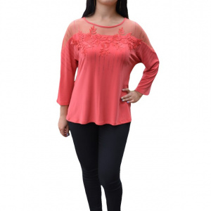 Bluza de ocazie cu strasuri si dantela, din material elastic corai - Img 1