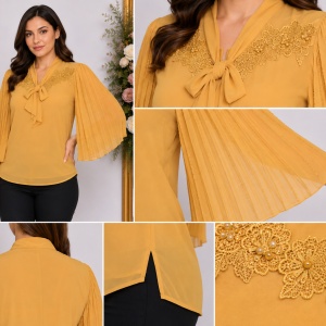 Bluza eleganta Genna din voal cu insertii fine de margele si broderie,mustar - Img 3