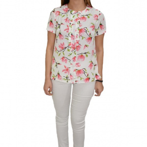 Bluza Gabriela, cu design de flori roz, pe fundal alb - Img 1