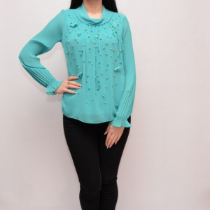 Bluza moderna cu maneca plisata si design de margele, turcoaz - Img 4
