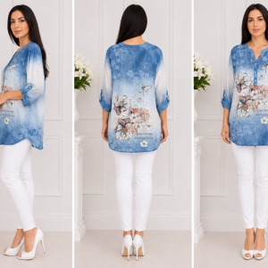 Bluza rafinata,design de nasturi, alba cu degrade albastru - Img 3