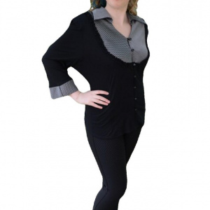 Bluze cu maneca trei-sferturi, negre-gri, guler tip camasa - Img 1