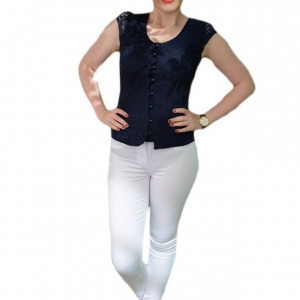 Camasa rafinata cu maneca scurta, bleumarin, design dantelat - Img 1