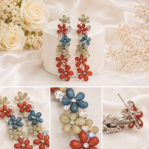 Cercei cu design floral, aplicatii din pietre semipretioase, nuante de bleumarin, marsala, portocaliu, multicolor - Img 2