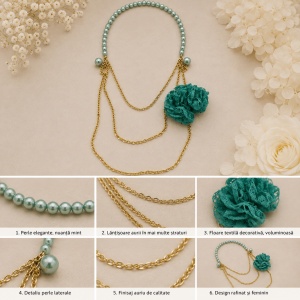Colier fashion,lant auriu cu margele si design cu franjuri roz,floare verde,portocaliu-bleumarin