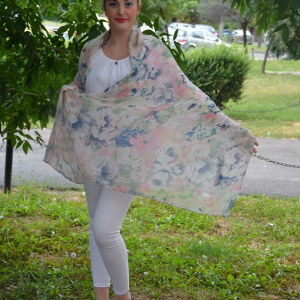 Esarfa moale, fina, culoare albastru-roz, cu imprimeu floral - Img 5