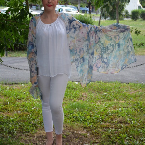 Esarfa trendy design floral multicolor nuante roz-albastru-galben - Img 5