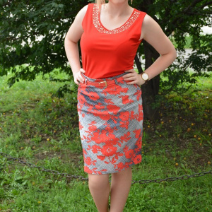 Fusta casual cu imprimeu floral de culoare corai, model drept - Img 2