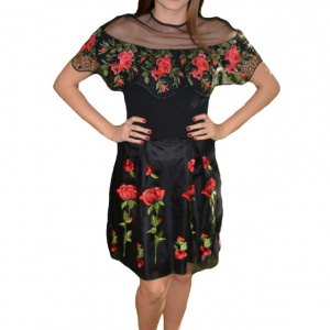 Fusta eleganta in clos, culoare neagra cu flori rosii brodate - Img 1