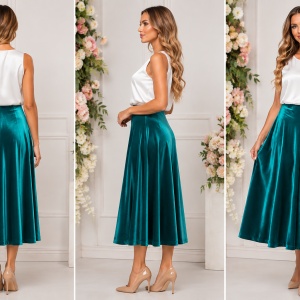 Fustă Midi Elegantă din Catifea Turcoaz – 95% Poliester, 5% Elastan - Img 2