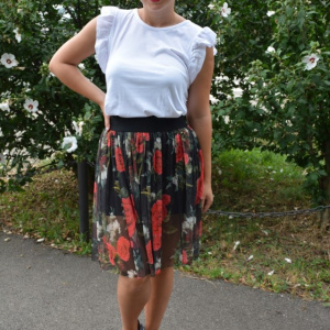 Fusta Stefannie, imprimeu floral si elastic in talie, nuanta de negru - Img 3