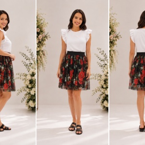 Fusta Stefannie, imprimeu floral si elastic in talie, nuanta de negru - Img 2
