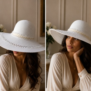 Pălărie de Damă Alba cu Boruri Largi și Detalii Elegante – Accesoriu Chic pentru Vară,