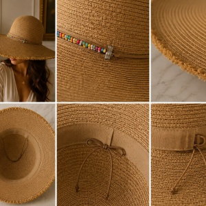 Pălărie de Damă Bej cu Boruri Largi și Detalii Elegante – Accesoriu Chic Multicolor - Img 2