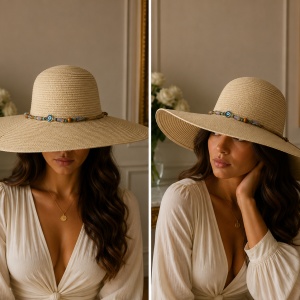 Pălărie de Damă Crem Deschis cu Boruri Largi și Detalii Elegante – Accesoriu Chic Multicolore, - Img 2