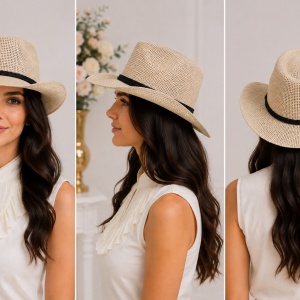 Palarie trilby din material subtire cu aerisire buna, alb, bej, crem - Img 5