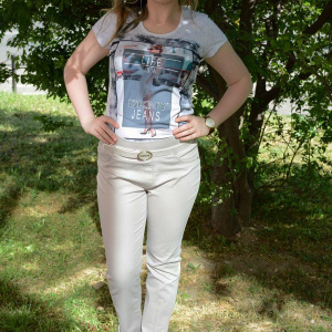 Pantalon bej cu dungi verticale in tesatura, model lung de vara - Img 2