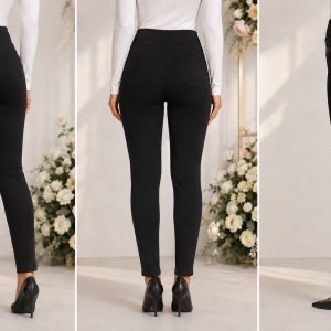 Pantalon damă cu talie înaltă, detaliu decorativ frontal și blăniță interioară – Negru - Img 2