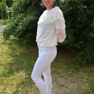 Pantalon de vara de culoare alba, model lung cu croi conic - Img 3
