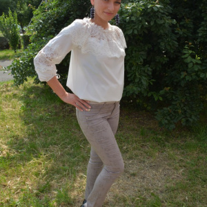 Pantalon lung de vara, de culoare bej, cu model de flori mari - Img 5