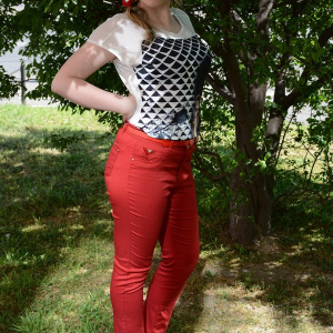 Pantalon lung de vara, rosu, material usor elastic, talie medie - Img 4
