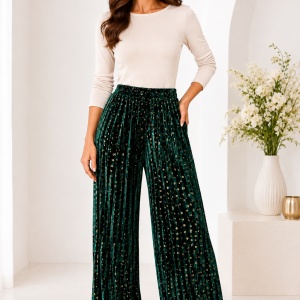 Pantaloni damă din catifea plisată verde pădure cu buline aurii – croi larg, talie elastică