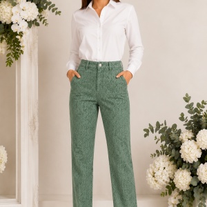 Pantaloni Damă Verde Eleganți cu Model Texturat – Bumbac Elastic, Croială Clasică