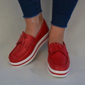 Pantof casual cu aspect mocasin, culoare rosie, din piele moale - Img 5