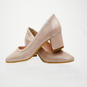 Pantof clasic cu design imprimat, toc confortabil, nuanta de pudra - Img 3